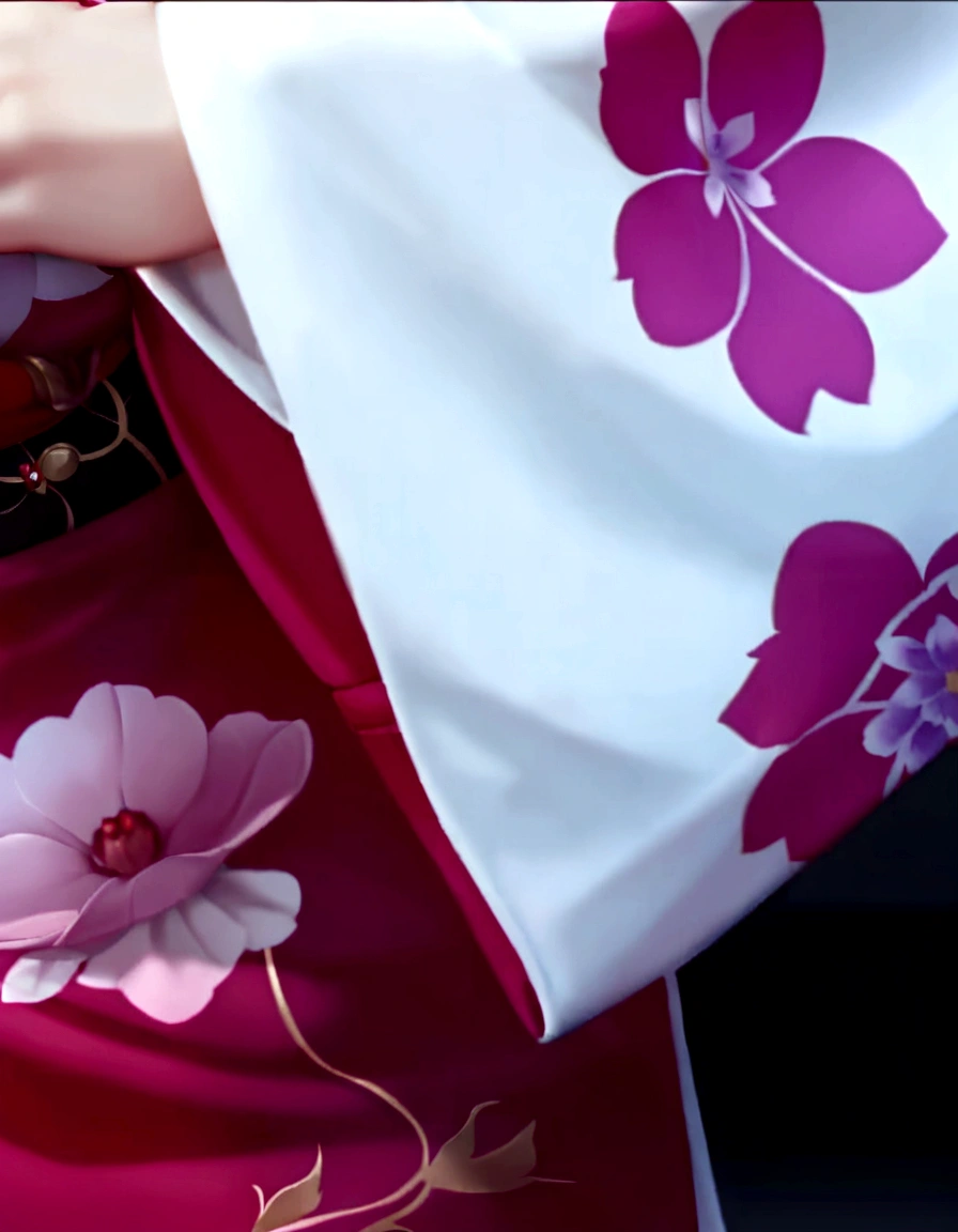 there is a woman in a kimono with a flower on it, classy yukata clothing, yukata clothing, red kimono with flower patterns, japanese kimono, flowing sakura silk, wearing royal kimono, flowing sakura-colored silk, japaneese style, hakama kimono, in kimono, traditional geisha clothing, japanese clothes, kimono, wearing kimono, close up details