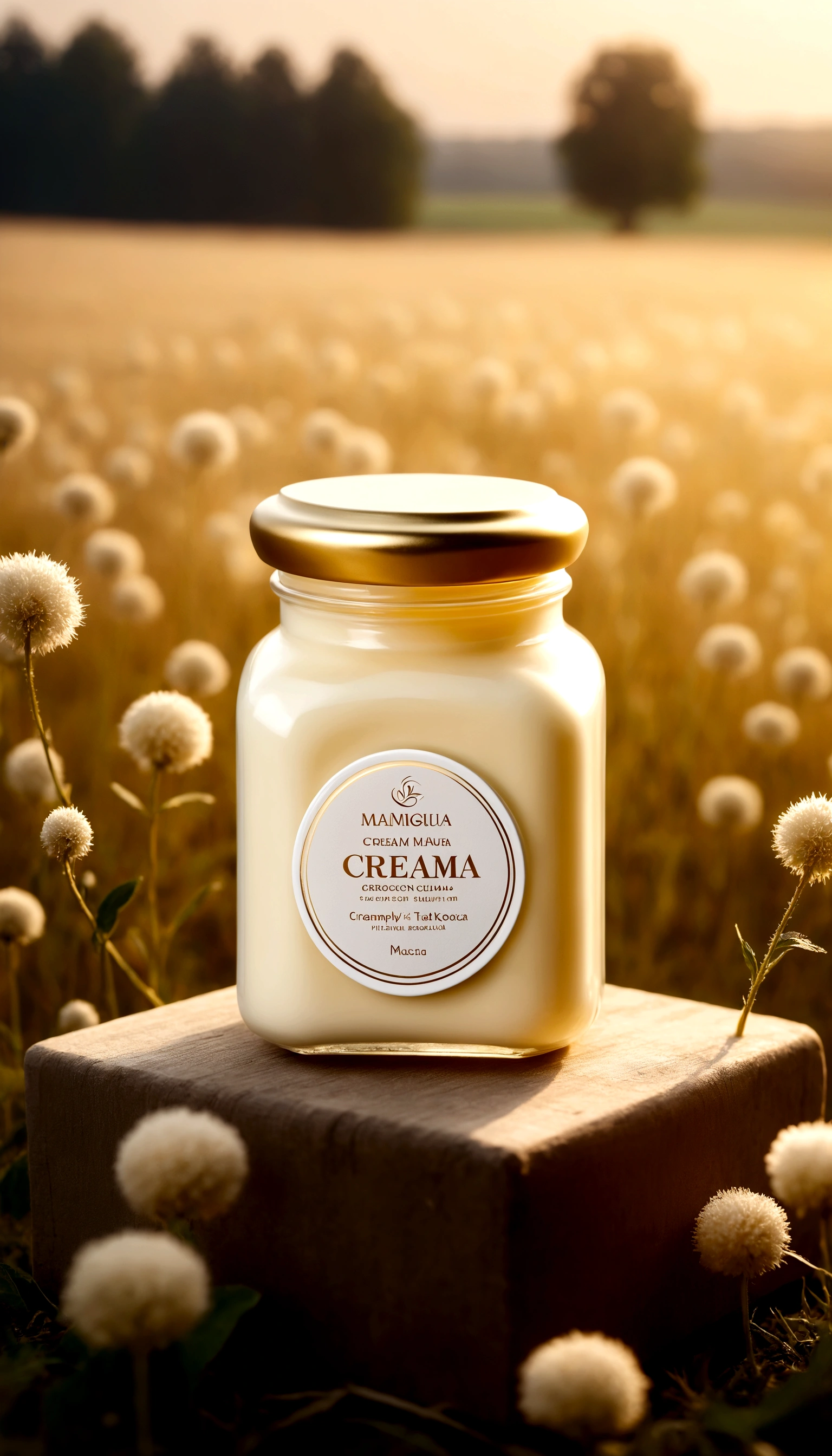 Cream с кокосовым маслом, Cream, баночка Creamа для тела, Cream для тела, баночка с Creamом лежит на траве, soft aura, blurred background, light, нежный Cream, cold haze, small jar, atmosphere, in field, square jar