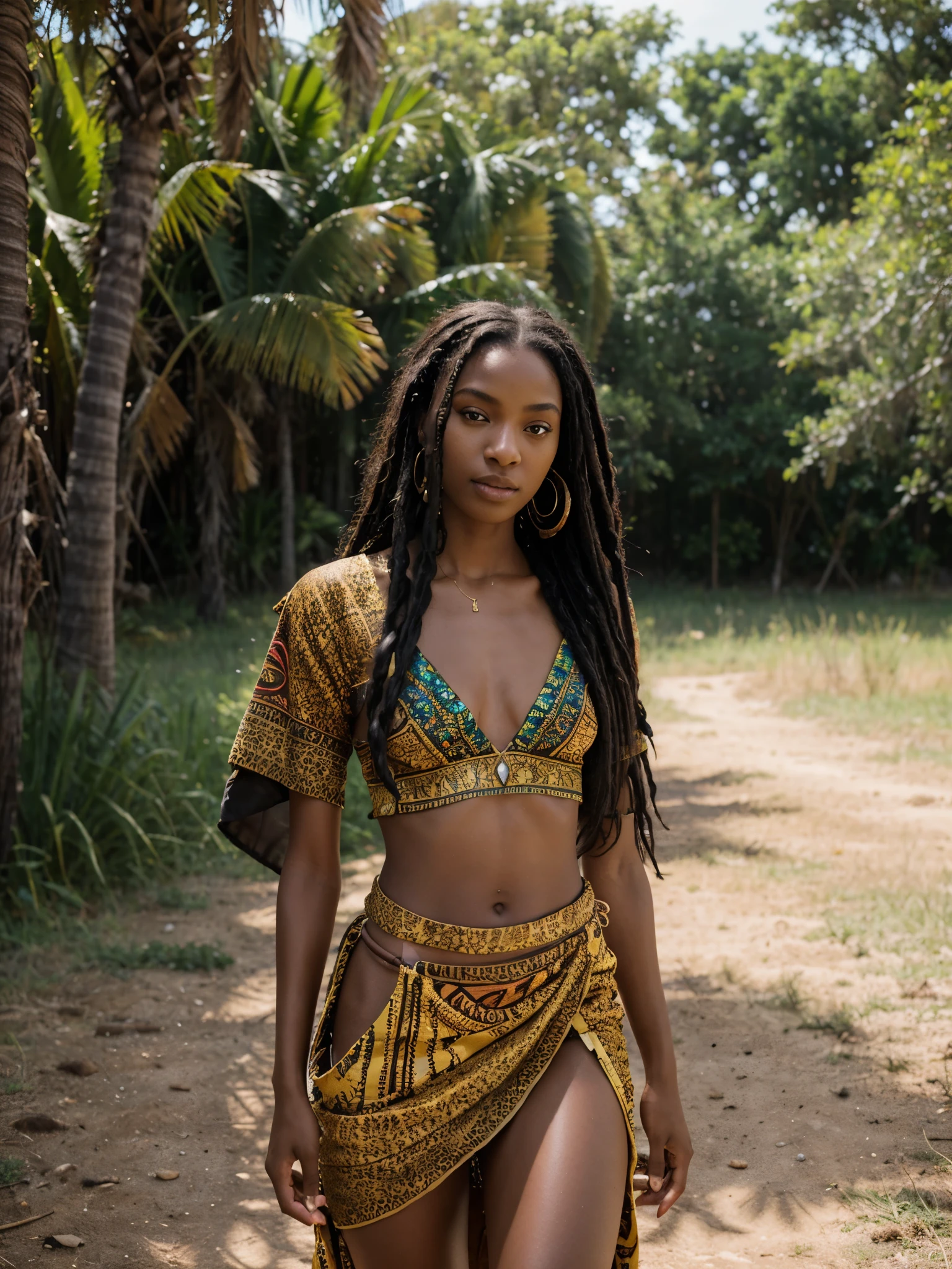 8k, RAW photo, very realistic, realistic photo of stunning skinny ebony girl, (ebony girl, 20 years old, most beautiful ebony girl in the world, slim face, dark skin, black dreadlocks hair, dreadlocks), wearing african national costume, ((wearing shirt)), (full body photo), (photo from the side), (sexy pose), dark skin glowing under the golden sunlight, adorned with intricate tribal jewelry and vibrant traditional attire, standing in a lush savannah teeming with life, tall grass swaying in the gentle breeze, wildlife roaming freely in the background, exuding confidence and allure, (looking at viewer), Photography, natural light with a portrait lens (85mm f/1.8), capturing every detail with warmth and intimacy, --ar 16:9 --v 5