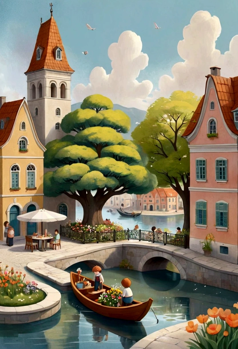 (Canvas Tote Bag Design),Simplicity,modern,upscale,Cute cartoon elephant,Color blocking,Flowers,Taiping Life Insurance Logo,The tote bag is printed with picturesque spring scenery,Flowers in bloom,Children playing on a boat,Surrounded by quaint houses。Scandinavian art style,Soft colors,Delicate lines。People resting under the tree,Or socialize by the small fountain,Filled with joyful atmosphere。The background is the ancient town street with many buildings。Isabelle Arsenault(Isabelle Arsenault)Style illustration,Animation,Pixar,