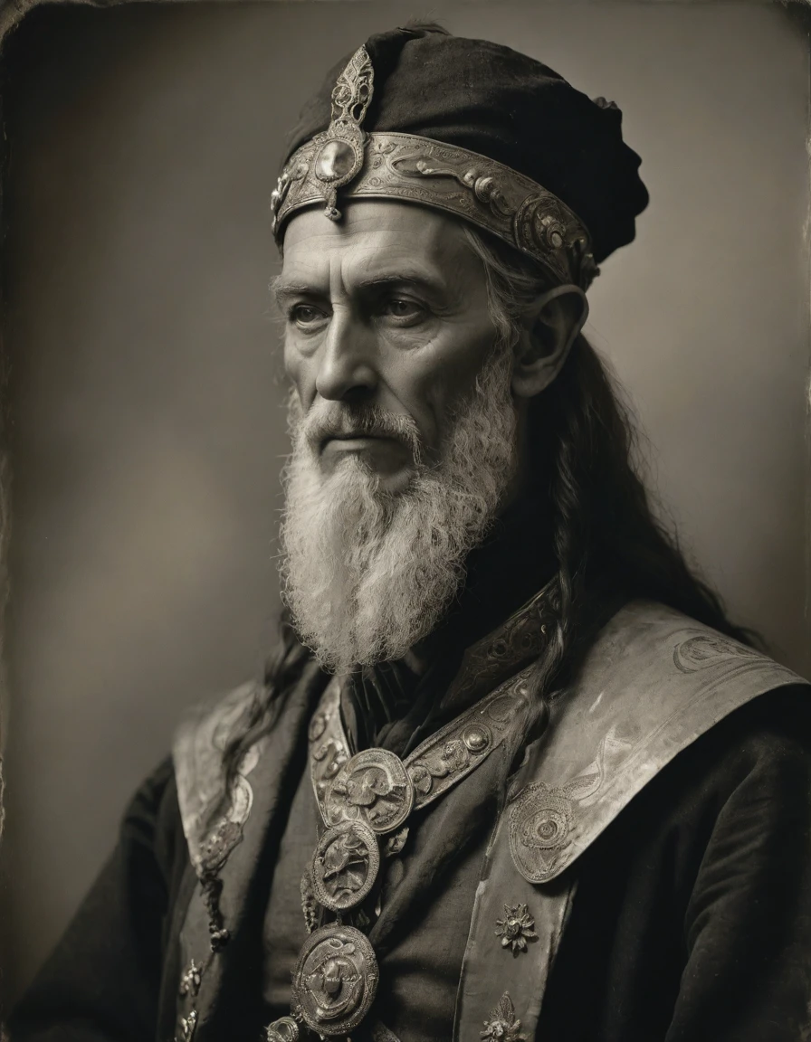 ((((Masterpiece, daguerreotype on old paper, monochrome)))), by Moebius, by Théodore Géricault, the composition is: (((50 year old male high elf, tan, elf ears, Assyrian beard, sullen, magnificent, he is wearing Mesopotamian costume with Steampunk elements, sashes, medals, pendants))).