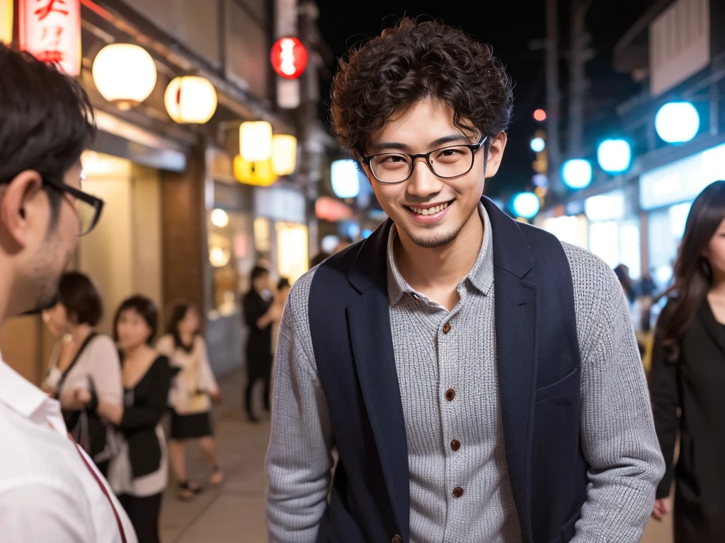 (best quality:1.2), masterpiece, Realistic, Ultra-high resolution, ((1 Japanese man)), 26 years old, Curly hair, Wearing glasses, Walking with a smile, Matchmaking party