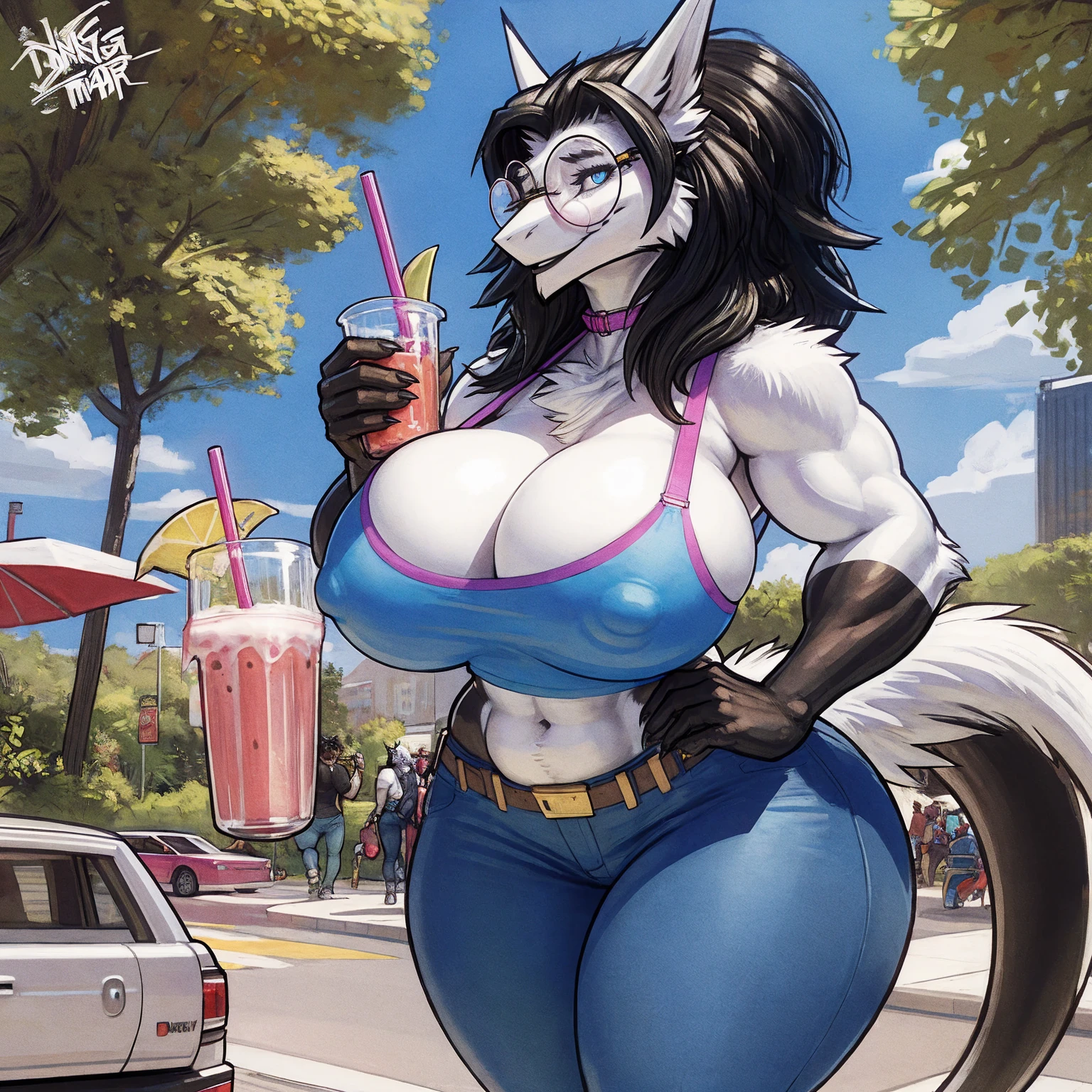 by darkgem, by duase, by BNG, by sligarthetiger, sergal, anthro, female, older woman, (round glasses:1.4), (white fur:1.3), (black hair:1.3), furry body, wide body, wide hips, thick thighs, big arms, (huge breasts:1.1), (heavy breasts:1.3), nipple outline, highly detailed eyes, milf, tank top, bare midriff, cleavage, large areolae, blue jeans, lowrise jeans, bare midriff, visible thong straps, Masterpiece, best quality, absurd res, highly detailed, cleanly drawn eyes, park environment, cute smile, standing upright, casual posture, buff, holding a smoothie