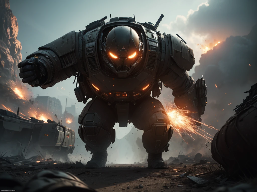 a gritty, cinematic military sci-fi scene, hyperdetailed machinery, powerful explosions, heroic soldiers, awe-inspiring scale, dramatic depth of field, stunning visual effects, high-octane combat, photorealistic, 8k, masterpiece, concept art