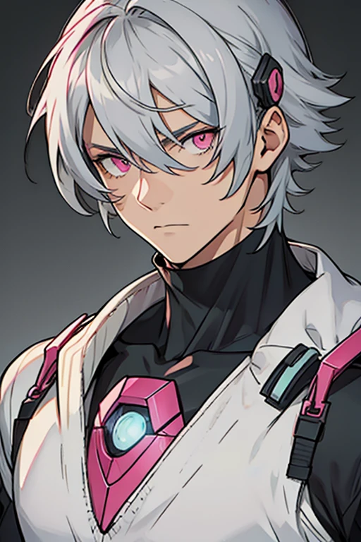 robot man, Grey hair, con hair clips, pink eyes, White sweater