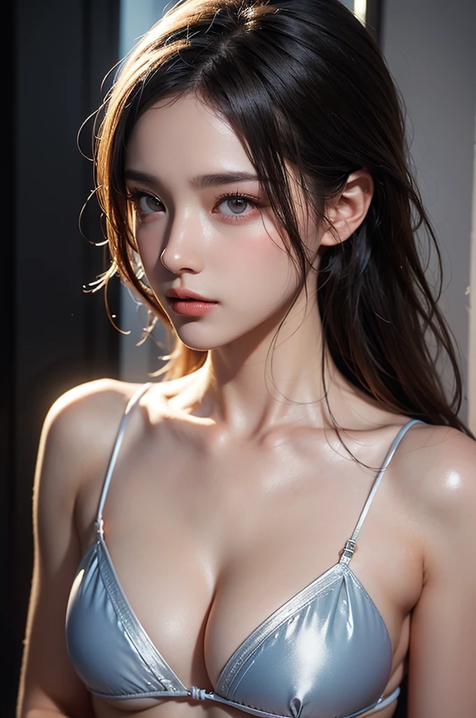 high quality work,Realistic artwork,Ultra Premium Graphics,8K HD CG Works,High quality graphics,High-definition and elaborate CG work,10x pixels,Ultra-fine detail:1.1,Advanced Technical Details:1.1Realistic photo effects,Indoor lighting effects:1.5,Natural soft light:1.5. Light effects(Virtual Lighting Effects:1.8),Ultra-high resolution,Clear Eyes,Double eyelids are beautiful, Pretty face, The face shape is perfectly balanced, ハイパーフォトrealism, Cinema Lighting, projected inset, Surrealism, masterpiece, realism,Great cleavage,Emphasize the chest、Provocative Bikini