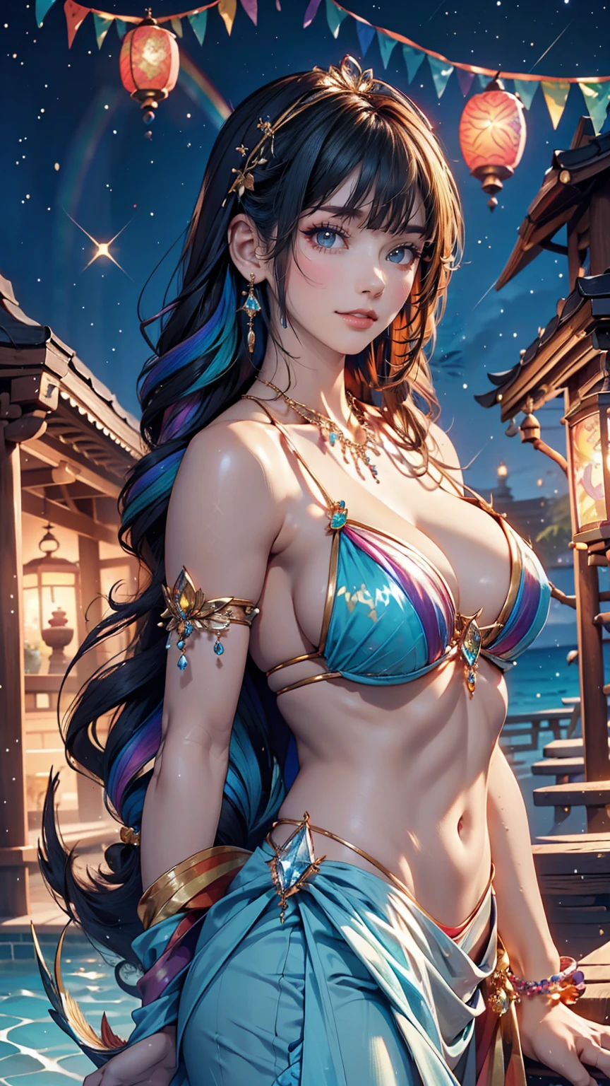 24-year-old female、Sexy proportions、Sexy、Narrow waist、Wear jewellery on your wrist、Attach a necklace、Wear platform sandals、Side Tail((side drill))、Crystal Earrings((crystal earrings))、A seductive smile((seductive smile))、Headpiece((hair ornament))、Rainbow Hair((rainbow hair))、erotic、Cleavage Emphasis、Many lanterns are flying in the night sky、mermaid((lower body fish))、swim in the sea、Wearing a micro bikini