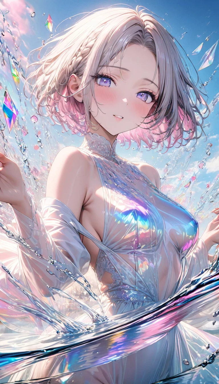 fusion of watercolors and oil paintings, best quality, super fine, 16k, incredibly absurdres, extremely detailed, 2.5D, delicate and dynamic depiction, beautiful woman, amorous and lewd expression, white messy wavy fine braided short hair, forehead, make-up, superlative body proportion, ripples in water, transparent, translucent, prisms, iridescent sequins, dancing letters, portraits, prime lenses, lens filters, clear subject, background sky, heaven, heavenly, soft pastel color image effects