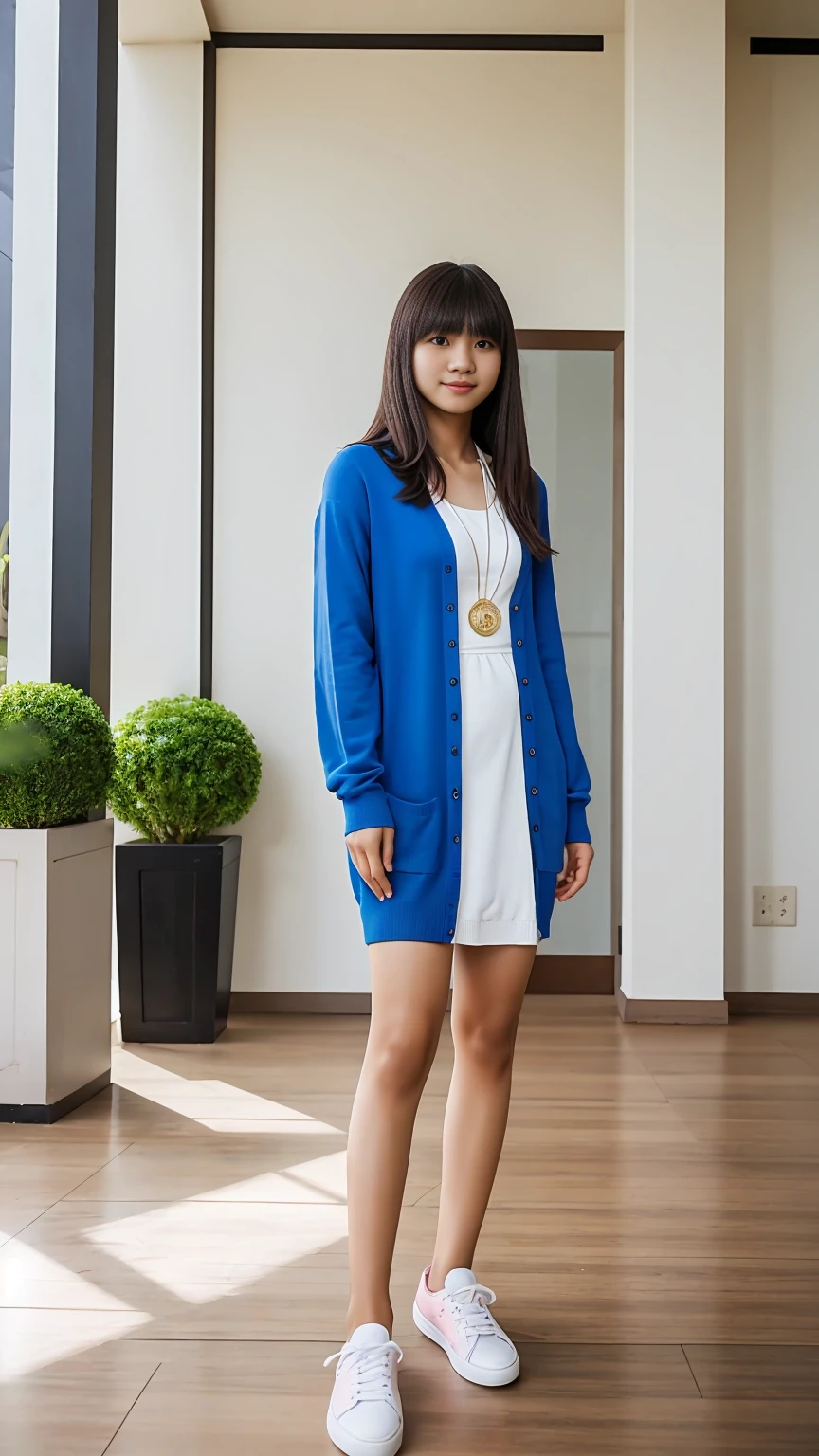 full body, Realistic, Photography, Indonesian men, 18 years, long hair with bangs, slim body, fair skin, cute face, blue dress, cardigan pink, white sneakers, and bags, standing in the middle room, facing the camera, cute pose, sweet expression, detailed face, detailed background, bright light, sunlight