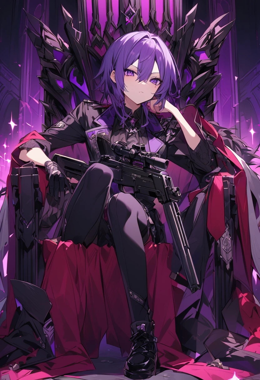 Keito。Purple Eyes。Purple Hair。Throne。Put up a gun