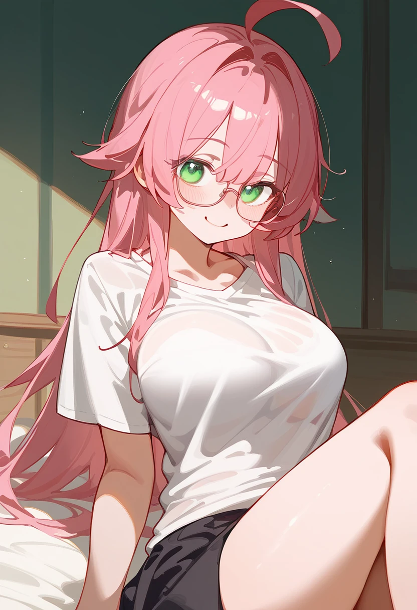 One Woman、Big Breasts、Pink Hair、Long Hair、Straight Hair、Ahoge、Kind older sister、Pink small glasses、Green Eyes、smile、Droopy eyes、Background home bedroom、Baggy shirt、Teaching study