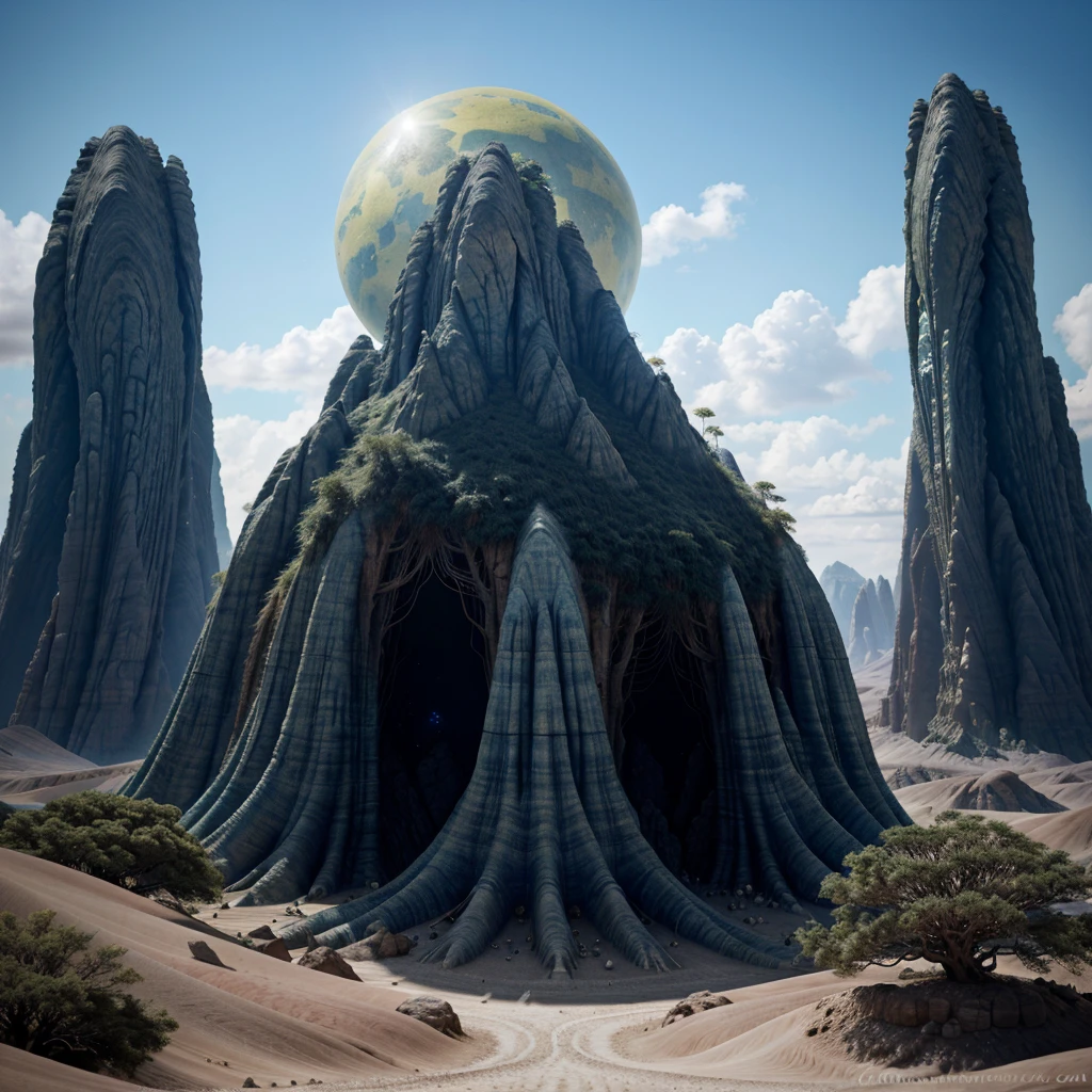 a vast alien exoplanet landscape,blue skies, strange growing alien flora, otherworld geology, intricate alien architecture, advanced alien technology, cinematic lighting, matte painting style, highly detailed, photorealistic, 8k, best quality, ultra-detailed, realistic, atmospheric