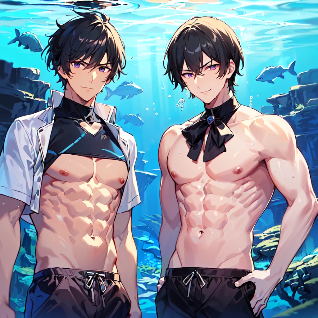 masterpiece,best quality,high quality,extremely detailed,(2 male austere handsome men, adult age 30 years old:1.5),(purple eyes, cool with suspended eyes), strong and fearless body, 8.5 head tall and 185cm tall,(well-groomed black short hair to neck:1.4), (bangs parted in thirds:1.4), (pectoral and rectus abdominis muscles:1.3), slender nose, facial muscles, (saltwater pants:1.3), (hand on neck:1.3), (scowling smile:1.3), (swimming:1.3), (stylish pose), (background deep sea underwater:1.3), (upper body:1.3)