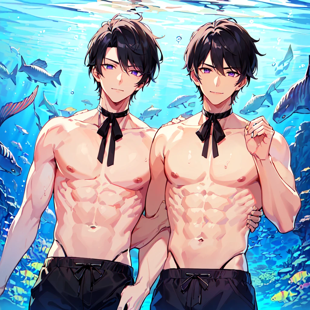 masterpiece,best quality,high quality,extremely detailed,(2 male austere handsome men, adult age 30 years old:1.5),(purple eyes, cool with suspended eyes), strong and fearless body, 8.5 head tall and 185cm tall,(well-groomed black short hair to neck:1.4), (bangs parted in thirds:1.4), (pectoral and rectus abdominis muscles:1.3), slender nose, facial muscles, (saltwater pants:1.3), (hand on neck:1.3), (scowling smile:1.3), (swimming:1.3), (stylish pose), (background deep sea underwater:1.3), (upper body:1.3)