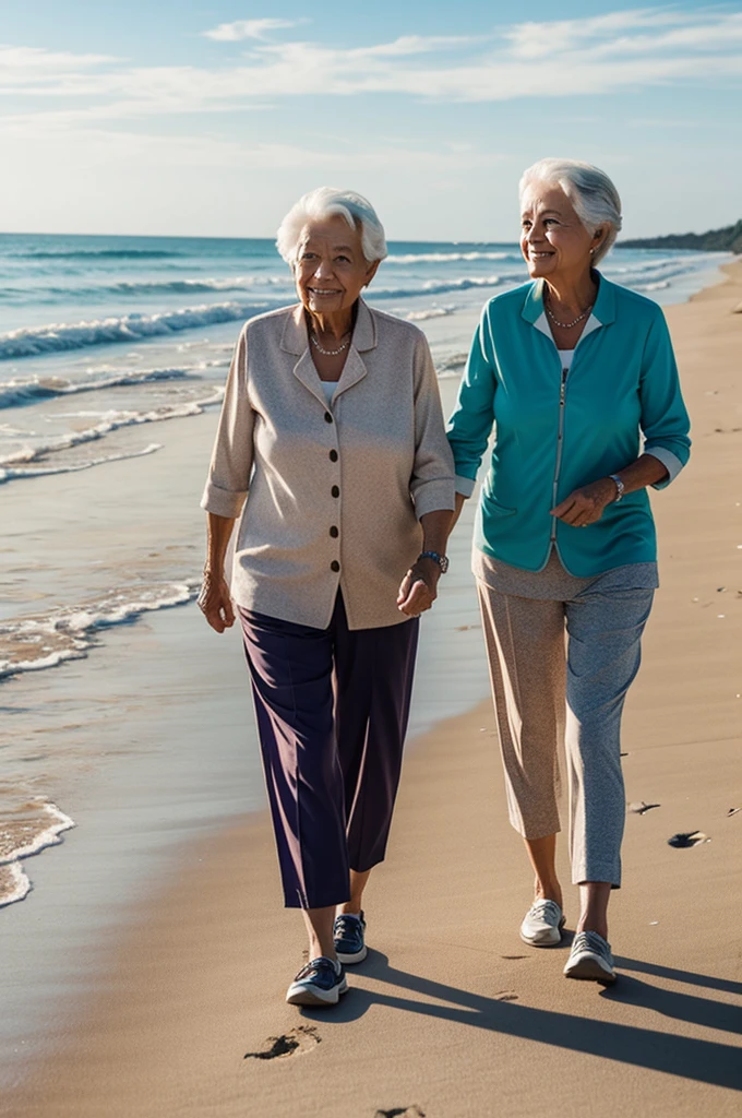 An elderly woman walking with her big granddaughter on the beach