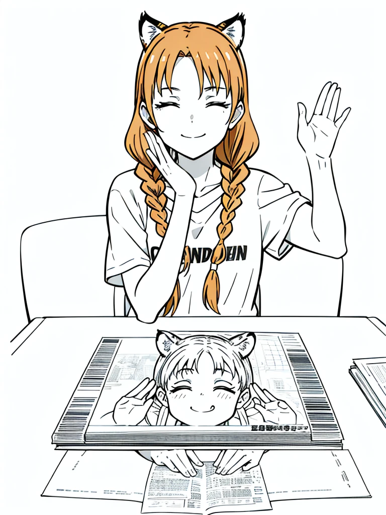 1girl,20 years old,solo,mature female,tiger ears,long hair,(twin braids),orange hair,casual,(white background,line drawing),lopen mouth,closed eyes,open mouth,smile,from front,pov across table,waving, waving arm,hand_on_own_face, head_rest, hand_on_own_cheek