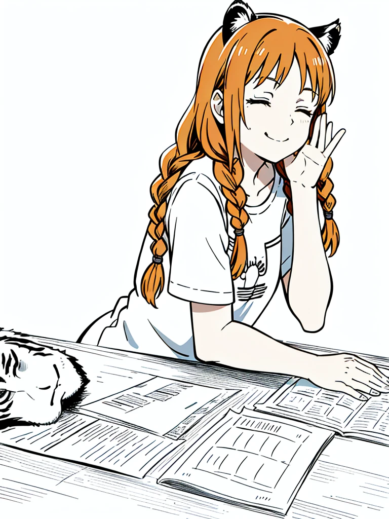 1girl,20 years old,solo,mature female,tiger ears,long hair,(twin braids),orange hair,casual,(white background,line drawing),lopen mouth,closed eyes,open mouth,smile,from front,pov across table,waving, waving arm,hand_on_own_face, head_rest, hand_on_own_cheek
