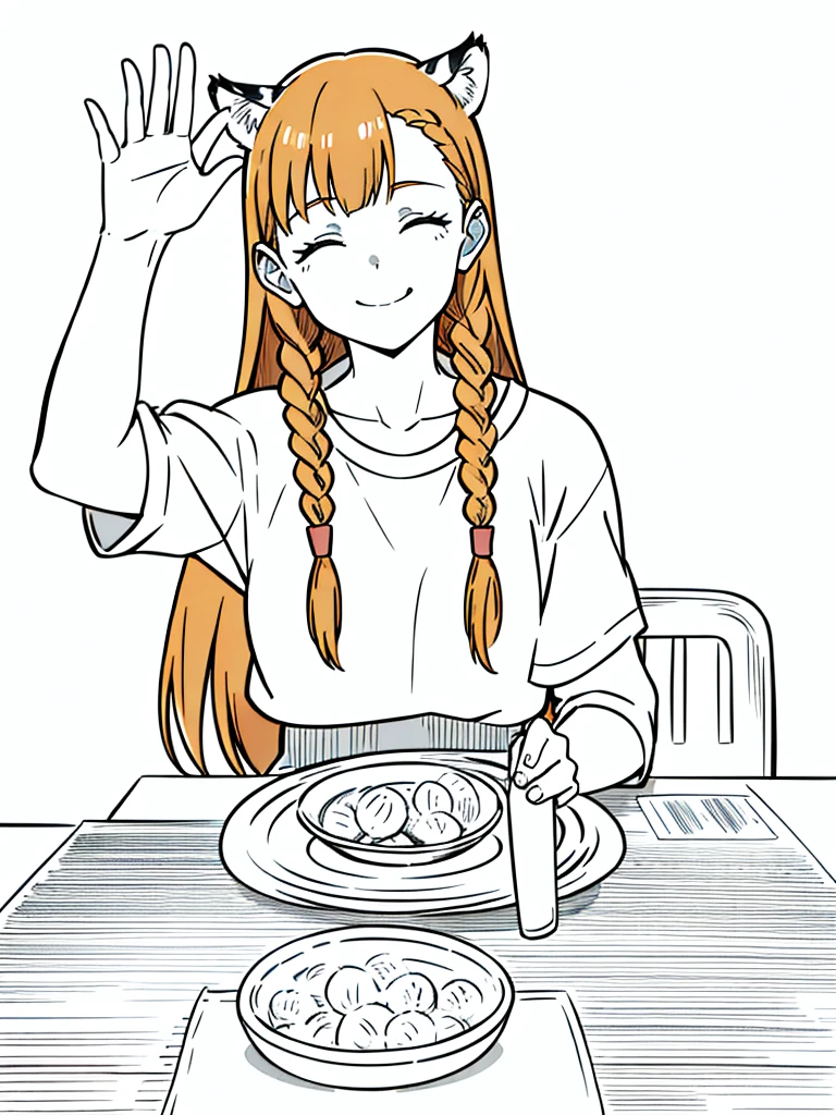 1girl,20 years old,solo,mature female,tiger ears,long hair,(twin braids),orange hair,casual,(white background,line drawing),lopen mouth,closed eyes,open mouth,smile,from front,pov across table,waving, waving arm,hand_on_own_face, head_rest, hand_on_own_cheek