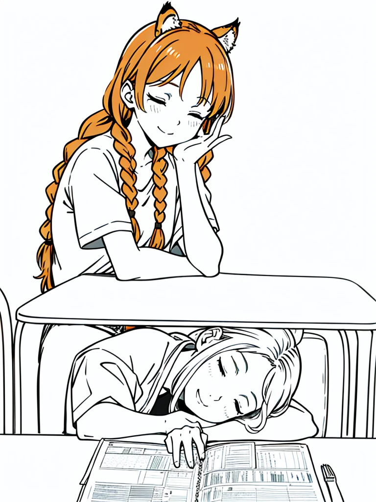 1girl,20 years old,solo,mature female,tiger ears,long hair,(twin braids),orange hair,casual,(white background,line drawing),lopen mouth,closed eyes,open mouth,smile,from front,pov across table,waving, waving arm,hand_on_own_face, head_rest, hand_on_own_cheek