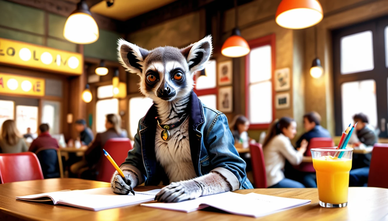 (photo film style), anthropomorphism, cute baby ring-tailed lemur, colorful , stylish open cafe, (((studying))), 2D, colorful, warm atmosphere, glossy, Jean-Baptiste Monge style, Alan Lee style