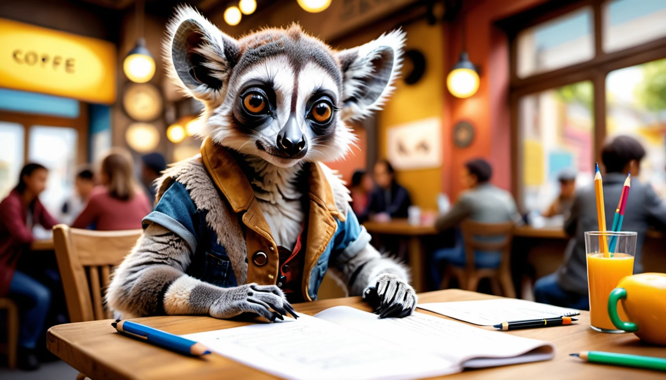 (photo film style), anthropomorphism, cute baby ring-tailed lemur, colorful , stylish open cafe, (((studying))), 2D, colorful, warm atmosphere, glossy, Jean-Baptiste Monge style, Alan Lee style
