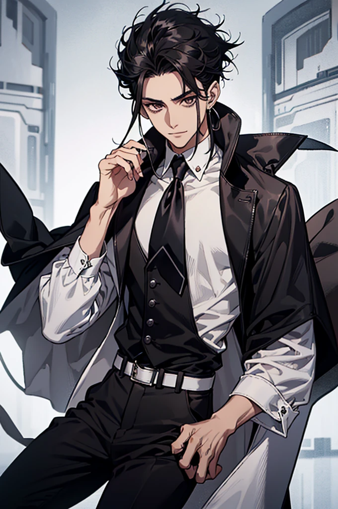 1man, young man, brown skin, brown eyes, mischievous smile, curly mid-long hair, black hair, wolfcut hairstyle, formal outfit, white shirt with rolled up sleeves, white shirt top buttons open, tattooed forearms, black kerchief around neck, black suit pants, black leather belt with silver buckle, black suit jacket, jacket over shoulders like a cape, black leather boots with silver buckles, silver rings on fingers, three silver earrings on right ear, no white skin, hunterxhunter anime style