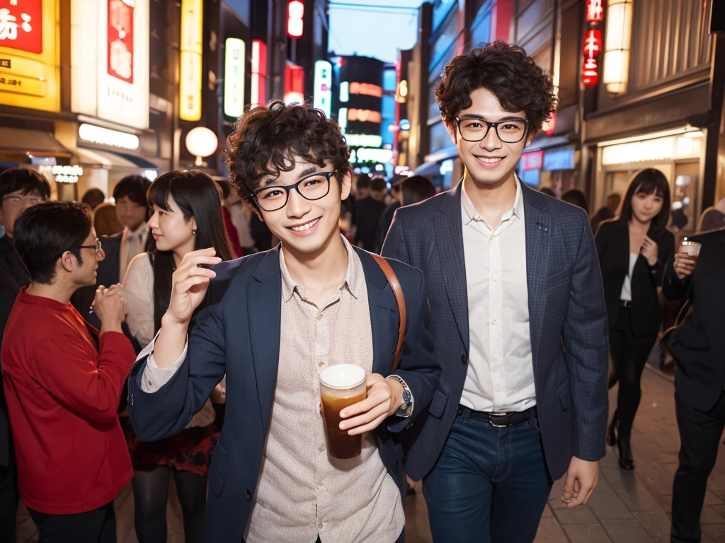 (best quality:1.2), masterpiece, Realistic, Ultra-high resolution, (((1 Japanese man))), 26 years old, Curly hair, Wearing glasses, Walking with a smile, Party Venue