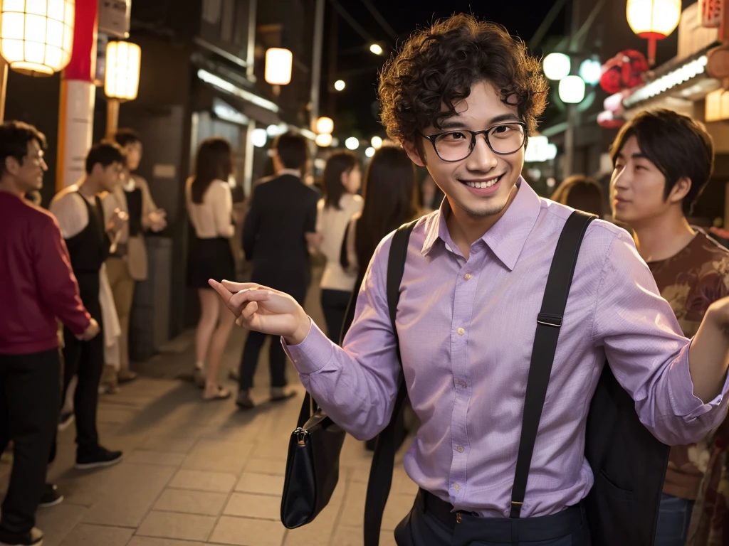 (best quality:1.2), masterpiece, Realistic, Ultra-high resolution, (((1 Japanese man))), 26 years old, Curly hair, Wearing glasses, Walking with a smile, Party Venue