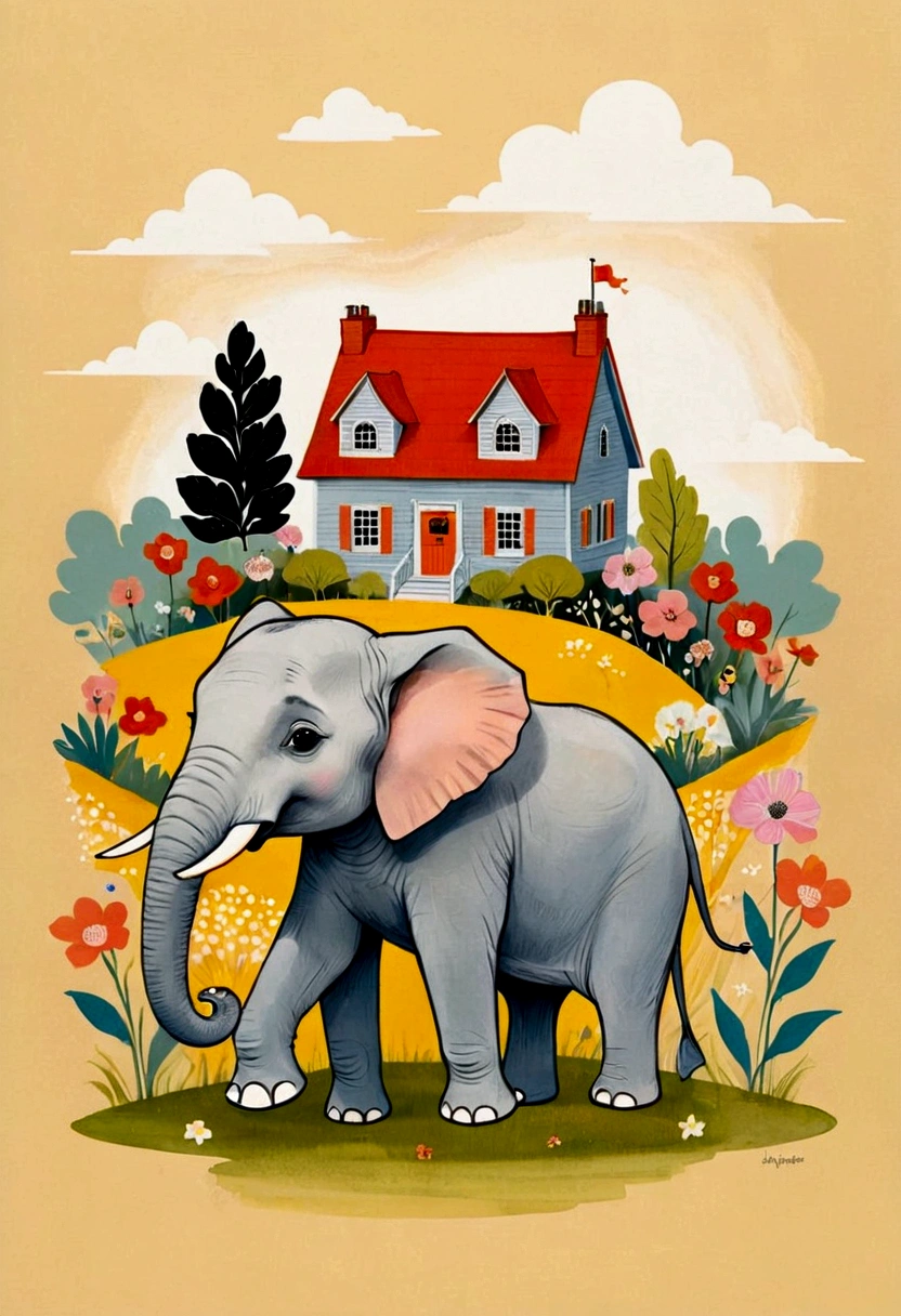 （Canvas Tote Bag Design），Simplicity，modern，upscale，Cute cartoon elephant，Color blocking，Flowers，Taiping Life Insurance Logo，The tote bag is printed with picturesque spring scenery，Flowers in bloom，of houses。Scandinavian art style，Soft colors，Delicate lines。Isabelle Arsenault（Isabelle Arsenault）Style illustration，Animation，Pixar，