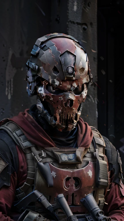 man strong, soldier in red uniform. Special forces, red skull mask and helmet, dark red helmet and armor, light red uniform, army, holding gun, The Death Squad, detail