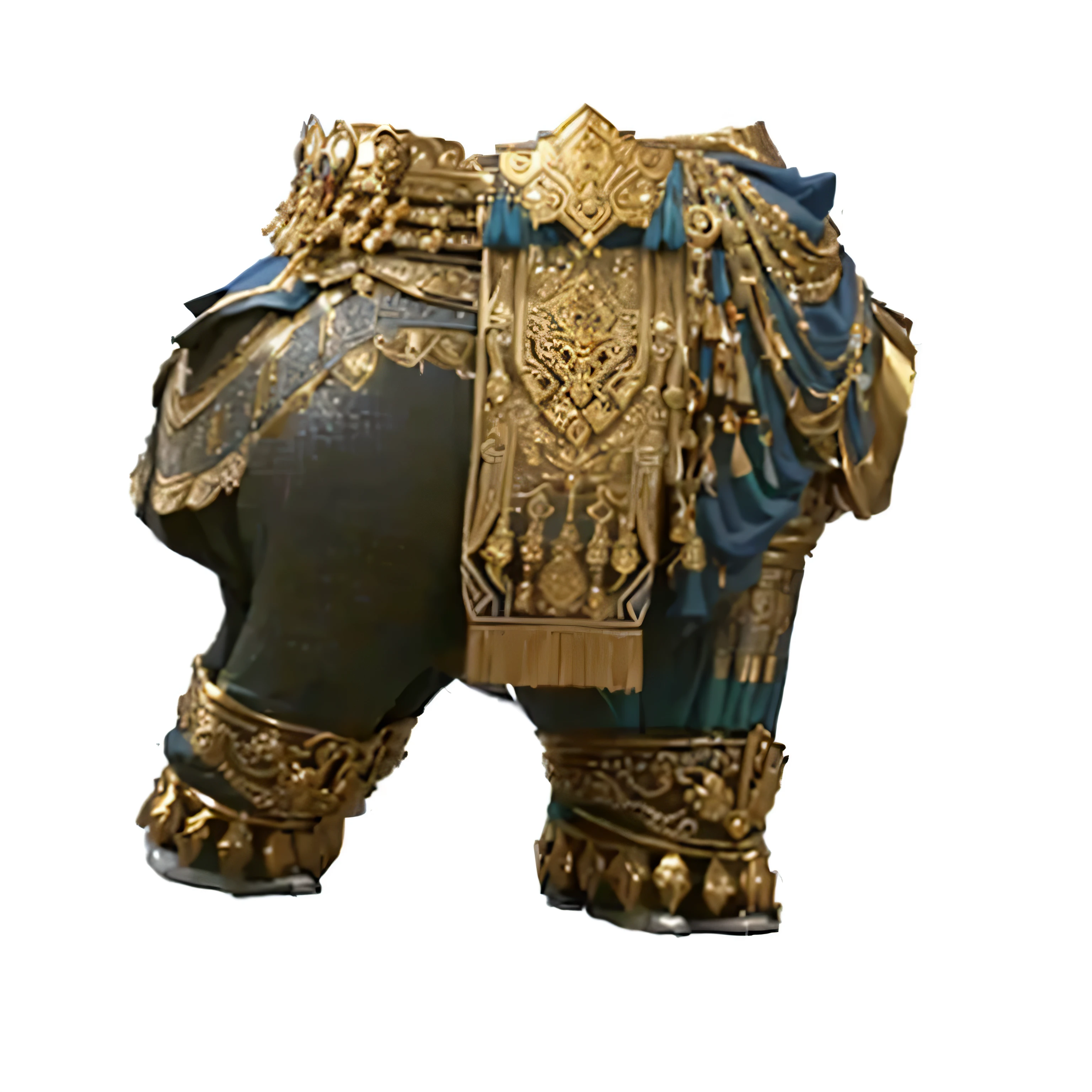 there is a statue of an elephant with a gold belt, sukhothai costume, tai costume, pharaoh clothes, traditional clothes, ornate attire, ornate clothing, gold brocaded dark blue clothes, traditional tai costume, ornamented armor, ornate royal robes, an elephant king, very detailed and rich clothing, detailed cloth, elephantine armored knight, costume with blue accents