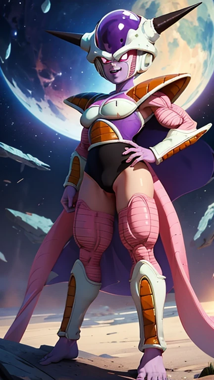 frieza gender bend, flawless skin, accurate skin texture, big breasts, deep cleavage, big round ass, round Buttocks, cameltoe, wide hips, leg spread apart, her hips swaying, white skimpy armor, anime eyes dragon ball z, frieza eyes, purple nipples, laughing, frieza spaceship