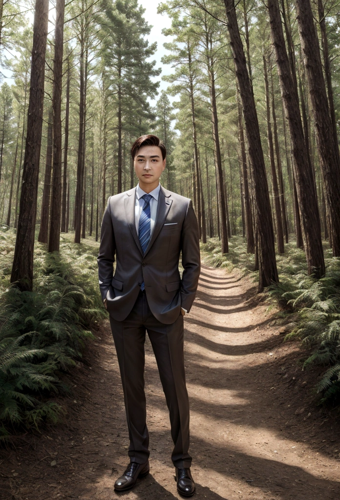 Create for me a beautiful and realistic businessman in portrait,There will be a forest in the background