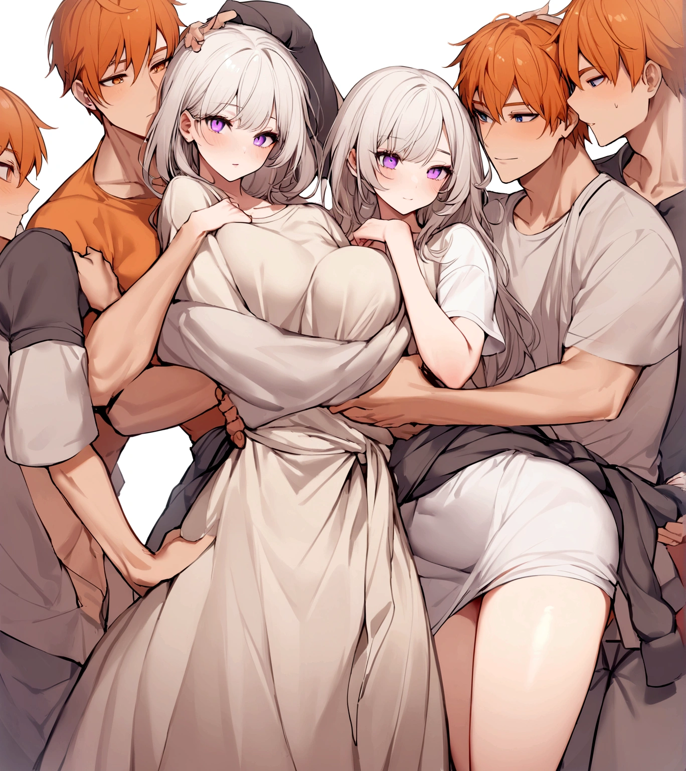 A handsome orange haired boy wearing a t-shirt with a hoodie wrapped around his waist and baggy pants, a beautiful girl with short white hair and violet eyes wearing a short dress, the girl tossing herself onto him,the boys hands wrapped around her waist as their body pressed together