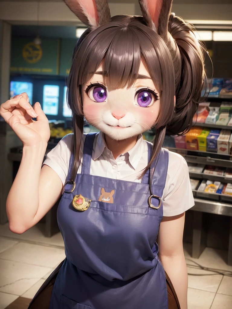Highest quality, masterpiece, Ultra-realistic, Super detailed, Beautiful details, 4K, 8K, Photo realistic, Realistic lighting.
upper body shot,
Looking at Viewer, Looking at Camera,
((at convenience store)), store clerk, at midnight,
((Anthropomorphic rabbit)),
((woman body)),
((7 heads tall)),
((Rabbit woman)),
Detailed animals,
Complex patterns,
(Furry:1.35),
(All skin is grey:1.3),
(The body is fluffy and bushy:1.3),
Realistic fur,
Human hands,
BREAK
(((Judy Hopps face))),
((Aoki Reika facial expression)),
((ponytail)),
((see-through bangs)), bangs,
((dark brown hair color)),
Purple eyes,
{Eye highlights, Clear eyes, Eyes sparkling, round pupils},
Detailed Iris,
(Eyebrows raised:1.2),
(Crescent eyebrows:1.3),
(Rabbit ears:1.3),
raised corners of mouth.
BREAK
The lady is wearing shirt and apron.
((brown apron)) BREAK ((white shirt)).
BREAK
(solo:1.5), (1girl:1.5).
Perfect Anatomy.
Lighting front, Lighting forward, Intricate details, Ray Tracing, Realistic,
