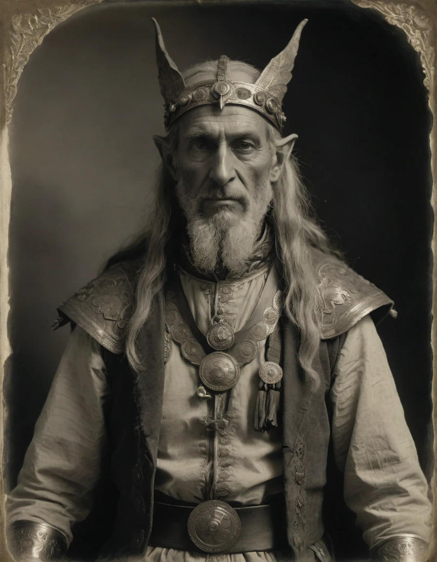 ((((Masterpiece, daguerreotype on old paper, monochrome)))), by Moebius, by Théodore Géricault, the composition is: ((((50 year old male high elf, tan, elf ears, Assyrian beard, sullen, magnificent, he is wearing Mesopotamian costume with Steampunk elements, sashes, medals, pendants)))).
