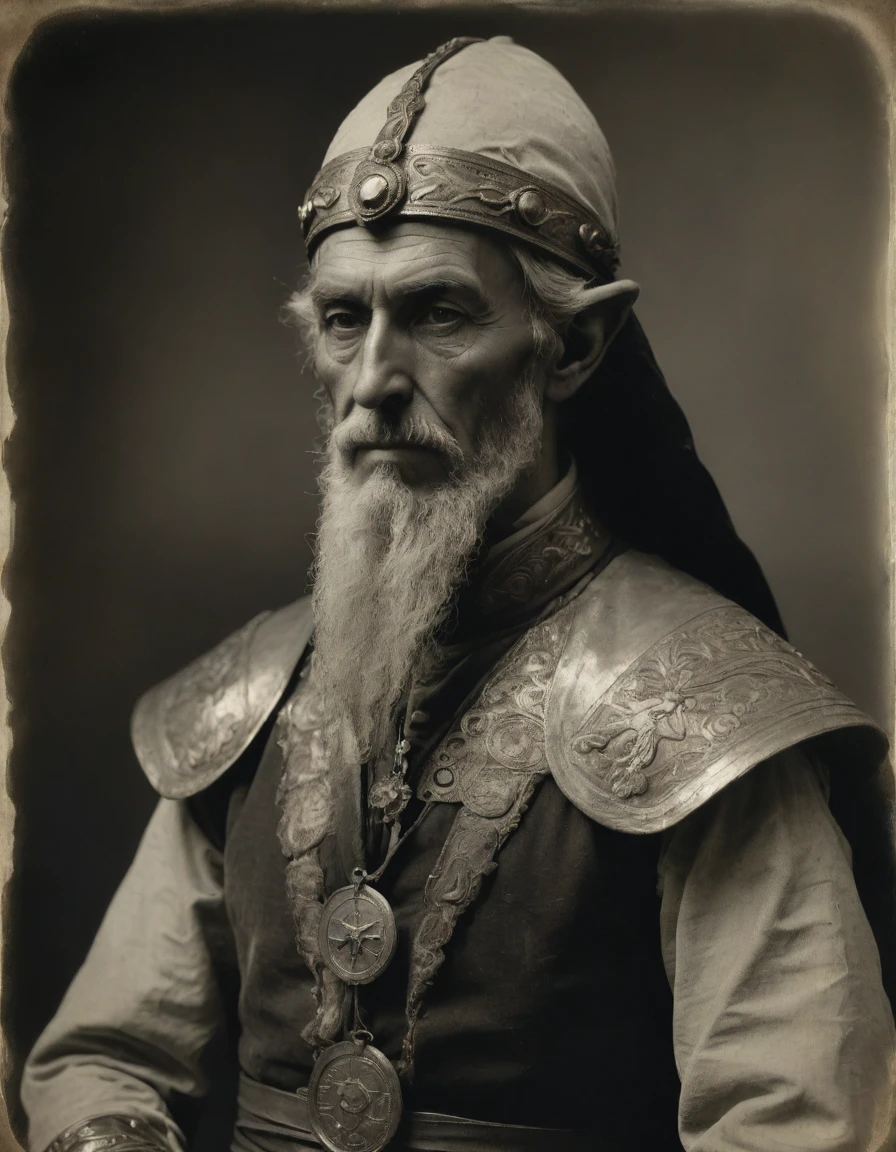 ((((Masterpiece, daguerreotype on old paper, monochrome)))), by Moebius, by Théodore Géricault, the composition is: ((((50 year old male high elf, tan, elf ears, Assyrian beard, sullen, magnificent, he is wearing Mesopotamian costume with Steampunk elements, sashes, medals, pendants)))).