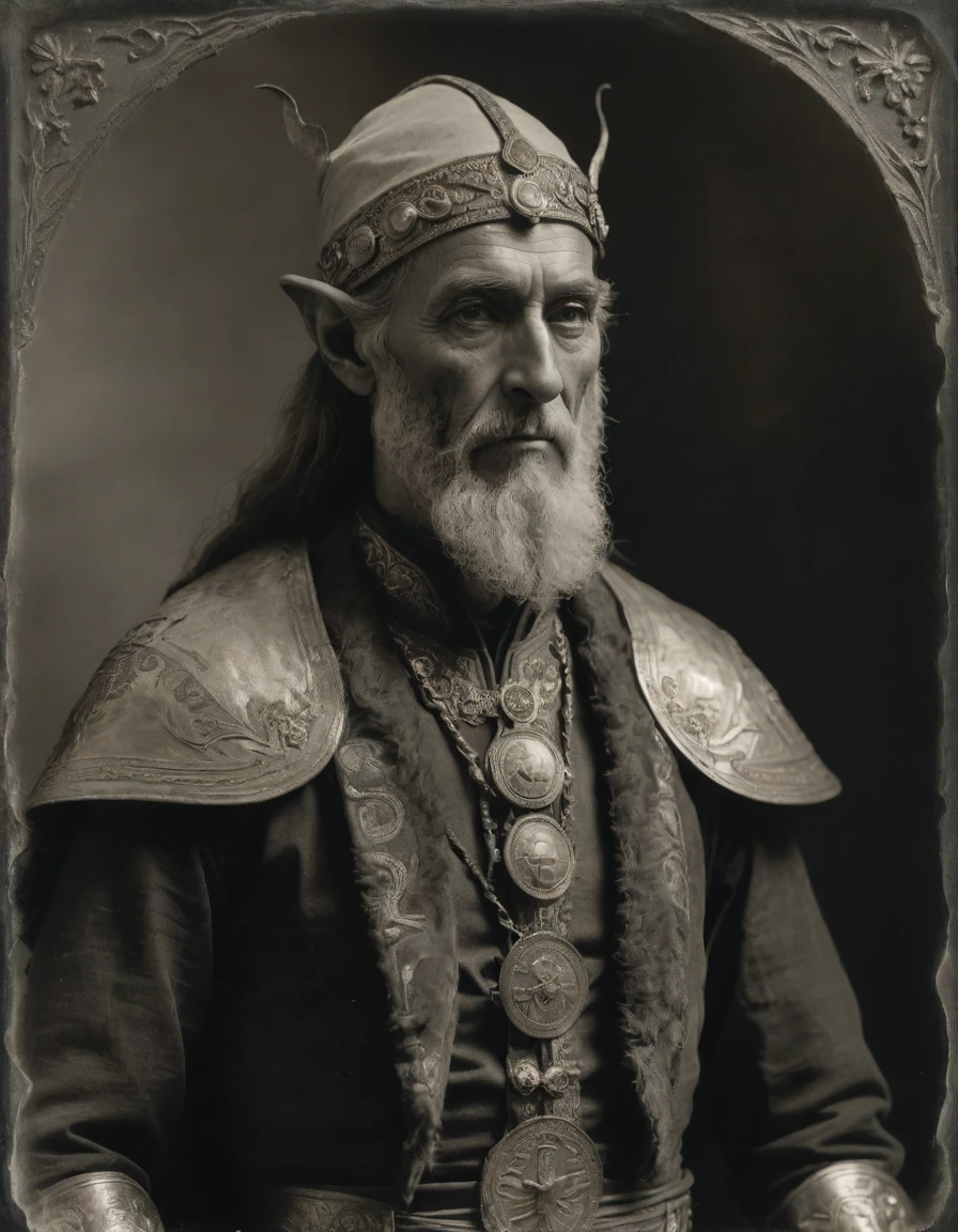 ((((Masterpiece, daguerreotype on old paper, monochrome)))), by Moebius, by Théodore Géricault, the composition is: ((((50 year old male high elf, tan, elf ears, Assyrian beard, sullen, magnificent, he is wearing Mesopotamian costume with Steampunk elements, sashes, medals, pendants)))).
