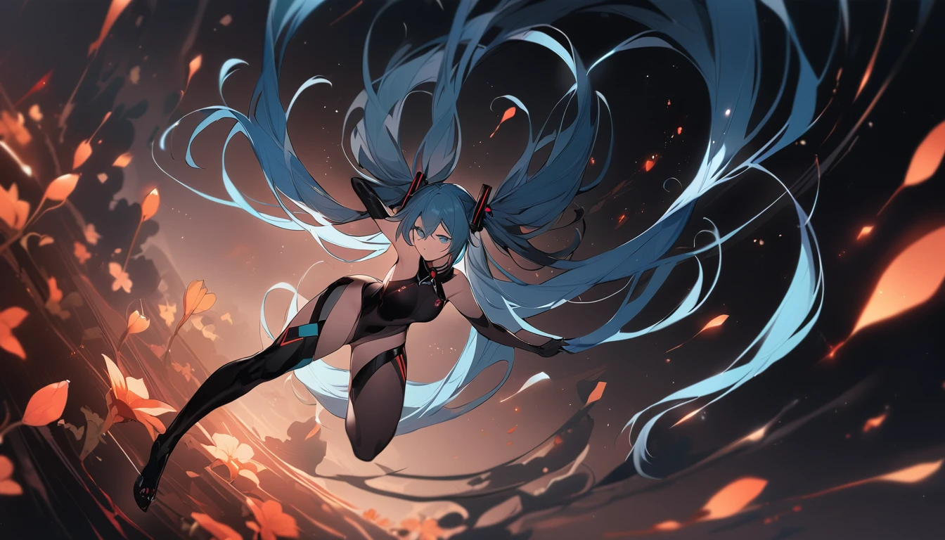 masterpiece, Highest quality, One girl, alone, Long Hair, hatsune miku, Twin tails, very Long Hair, bodysuit, Blue Hair, gloves, whole body, blue eyes, floating, View your viewers, hair ornaments, No sleeve, black gloves, Multicolored Hair, Facial blemishes, No sleeve ドレス, flower, Part your lips, absurdly Long Hair, elbow gloves, White Dress, Hair between the eyes, 