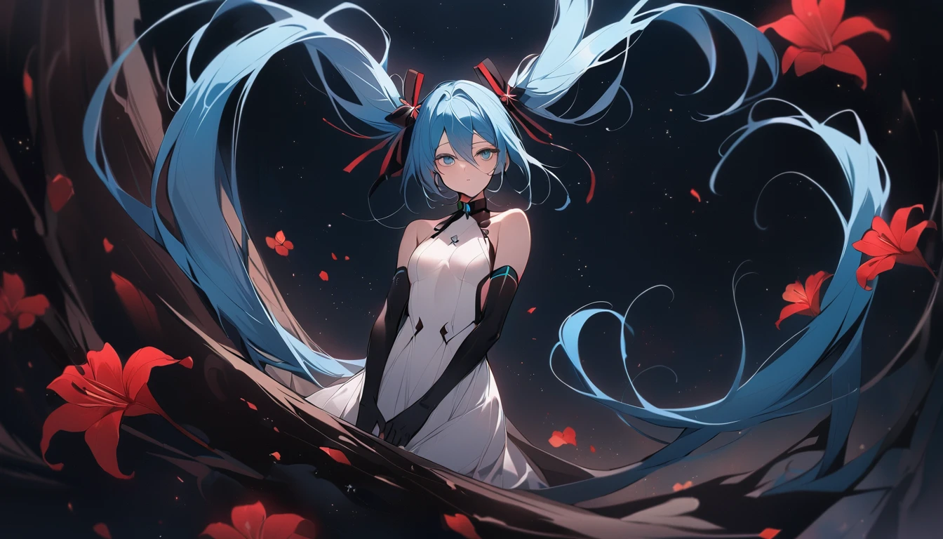 masterpiece, Highest quality, One girl, alone, Long Hair, hatsune miku, Twin tails, very Long Hair, bodysuit, Blue Hair, gloves, whole body, blue eyes, floating, View your viewers, hair ornaments, No sleeve, black gloves, Multicolored Hair, Facial blemishes, No sleeve ドレス, flower, Part your lips, absurdly Long Hair, elbow gloves, White Dress, Hair between the eyes, 