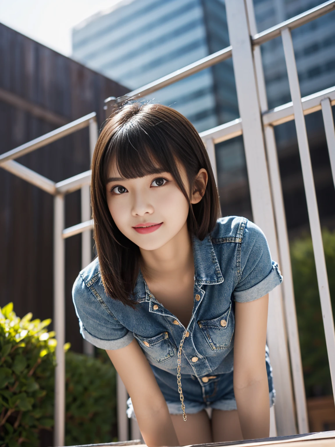 very cute and beautiful girl,(Very delicate and beautiful face and eyes:1.2), smile,Black Hair,Denim shorts,(From below),Glossy Pantyhose,、, summer,Rooftop,building,Chain link fence, (Highest quality,Tabletop:1.2),Intricate details,Very detailed,High resolution,alone,Cinema Lighting,
