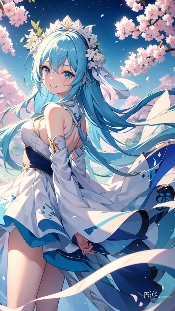 Anime Girl,light blue hair,blue eyes,White裙子,White,Flower headdress,Standing in the flower field,Smile,Starry sky background,Popular topics on artstation pixiv, Digital Art on pixiv, anime art wallpaper 8 k, guweiz on pixiv artstation, Anime Art Wallpaper 4k, Anime Art Wallpaper 4K, Top rated on Pixiv, Beautiful anime artwork, Pixiv competition winner,(Multi-angle)(Grin)
