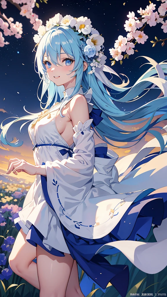 Anime Girl，light blue hair，blue eyes，White裙子，White，Flower headdress，Standing in the flower field，Smile，Starry sky background，Popular topics on artstation pixiv, Digital Art on pixiv, anime art wallpaper 8 k, guweiz on pixiv artstation, Anime Art Wallpaper 4k, Anime Art Wallpaper 4K, Top rated on Pixiv, Beautiful anime artwork, Pixiv competition winner，（Multi-angle）