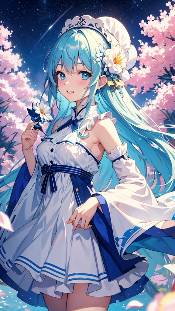 Anime Girl,light blue hair,blue eyes,White裙子,White,Flower headdress,Standing in the flower field,Smile,Starry sky background,Popular topics on artstation pixiv, Digital Art on pixiv, anime art wallpaper 8 k, guweiz on pixiv artstation, Anime Art Wallpaper 4k, Anime Art Wallpaper 4K, Top rated on Pixiv, Beautiful anime artwork, Pixiv competition winner,(Multi-angle)(Grin)