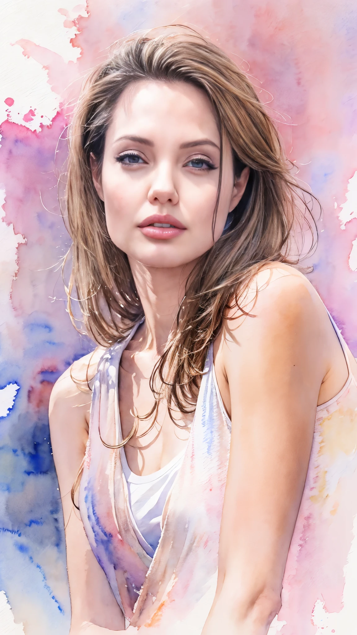 (masterpiece:1.2),(Highest quality),(Very detailed:,(High resolution),(((Watercolor))),8K,Woman Drawing,Angelina Jolie,((Upper body close-up:1.3)),(((Transparent watercolor)))
