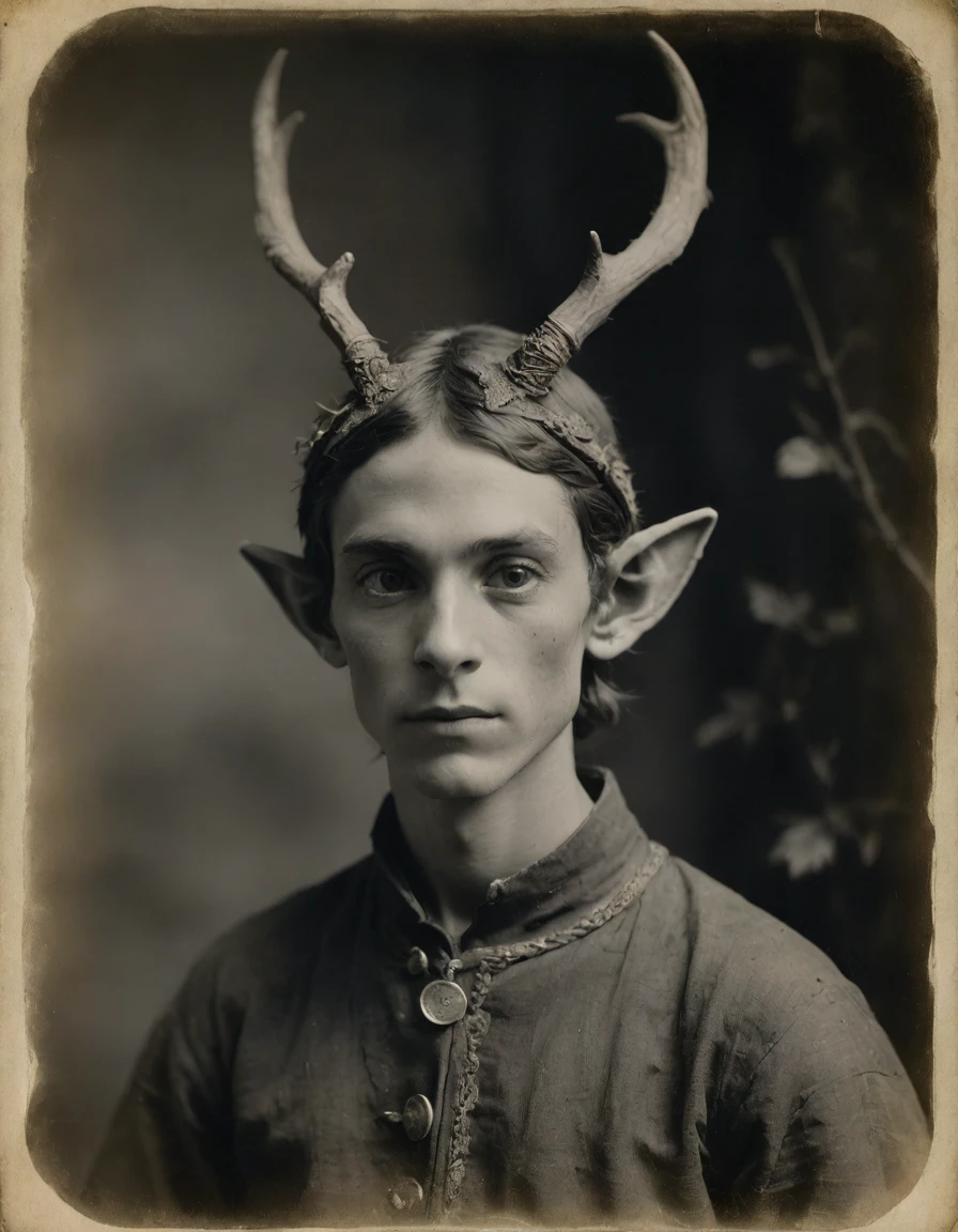 ((((Masterpiece, best quality, rough monochrome, daguerreotype on old paper)))) the composition is:: (((a cute, male wood elf, sad, with pointy ears, he has antlers, he is stupid, shy, looking at viewer))). ((He is wearing pelts, tropical background)).