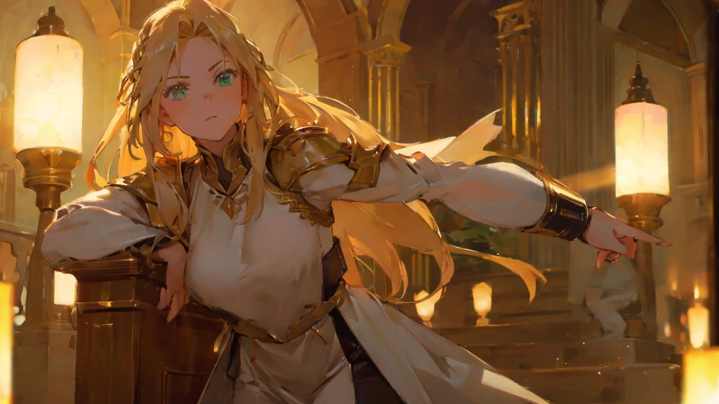 Ground-shot angle of a girl, with long blonde braided hair, green eyes. She's pointing toward with her finger. She's wearing a white tunic and golden shoulder pads. In a maze. Beautiful lights, iper-realistic, masterpiece, cinematic lighting, best quality, anatomically perfect.