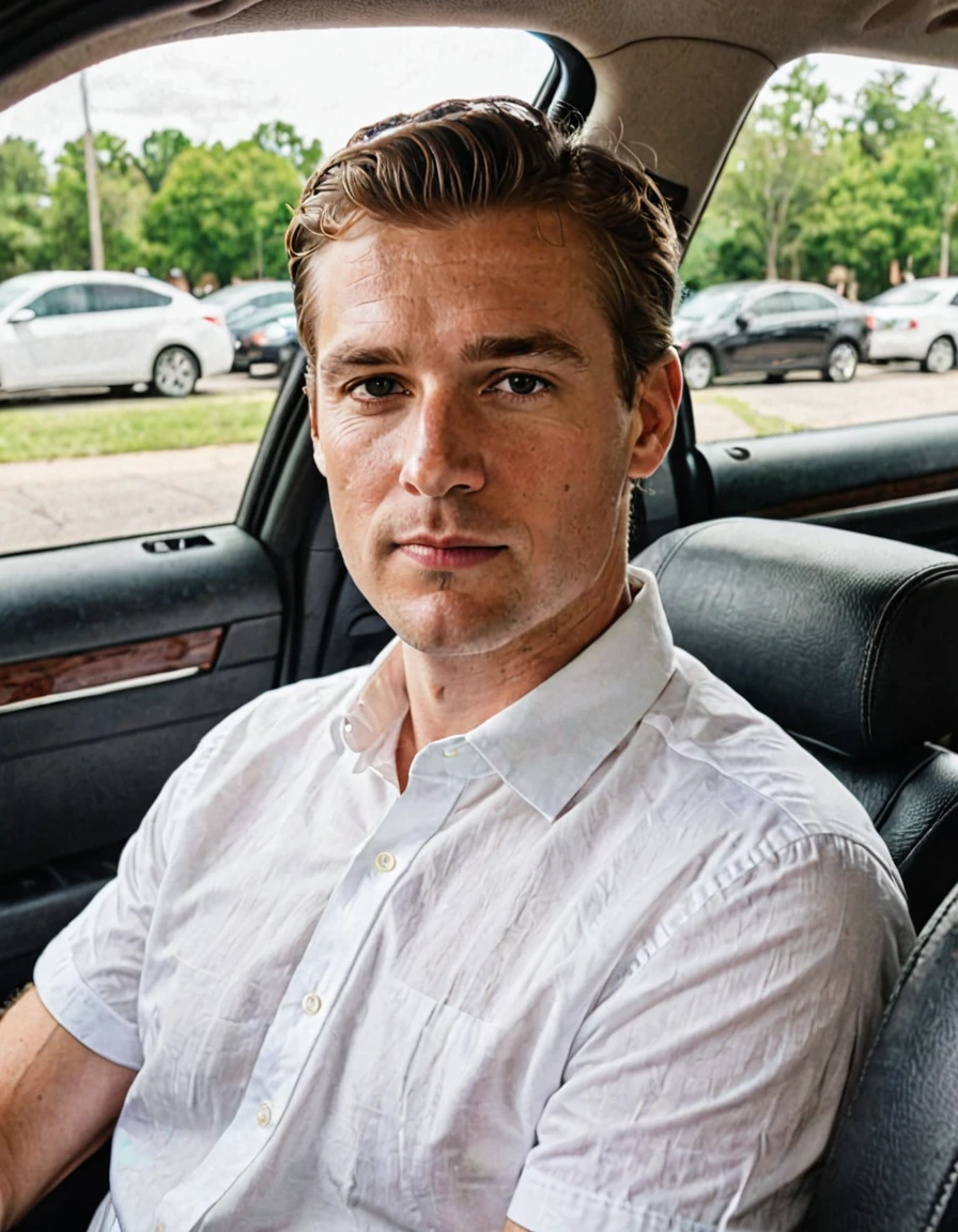 a white man in a white shirt sits in the back seat of a car