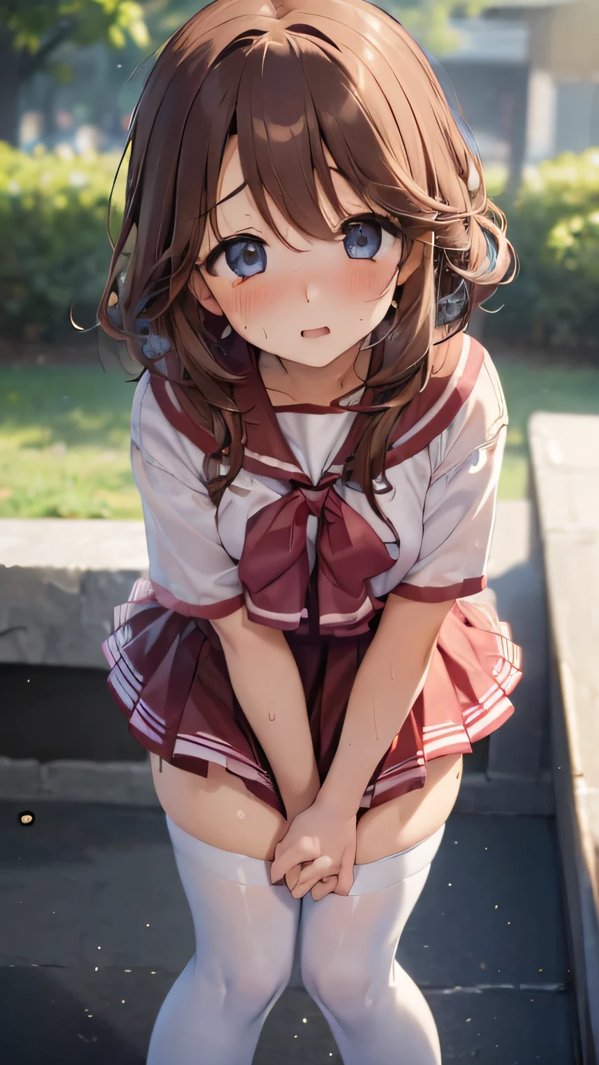 (One transcendent beautiful girl)、ultra-detailed、(8K, RAW photo, best quality, masterpiece:1.2), (extremely detailed 8K wallpaper),professional lighting,sharp focus, depth of field、(((Detailed and accurate face))),((head shot)),nfws,((Brown-haired sidetail))、((Highest quality)), ((masterpiece)), (((Schoolgirl uniform、White tights))),((Perfect Face、Beautiful Eyes)),((((slouch、Pull the hem down with both hands))))、((Blushing)),(((Embarrassing)))、(((excited、Heavy breathing)))、(((Sweat on the thighs)))
