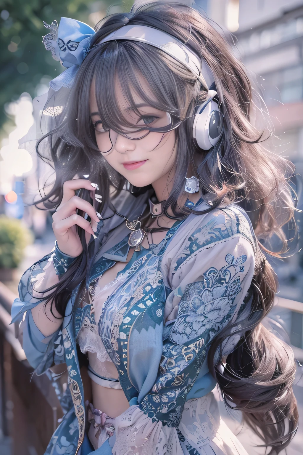 1 girl、Tokyo Street、Cityscape、Upper body、Close-up、Laughter、8K、Raw photo、Highest quality、masterpiece:1.2)、(Realisticな、Photorealistic:1.37)、Highly detailed eyelash drawing、(((Best image quality))),Great tit、Fine skin, (Beautiful Hair), (perfection Anatomy), (Realistic), (Dynamic Angle), Seductive pose,perfection,Sensual look、Highest quality、High resolution、Smile、JoJo's Bizarre Adventure-style costume and pose、Future、headphone